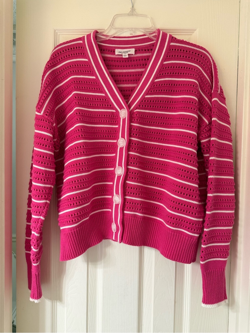 eesome Pink and White Crochet-Striped Button Cardigan